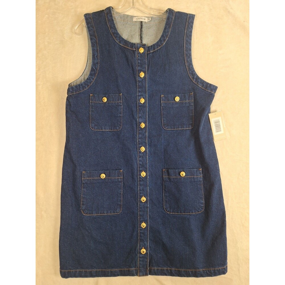 Justfab Dress Women’s 2XL Blue Jean Denim Sleeveless Gold Buttons Cotton XXL NWT